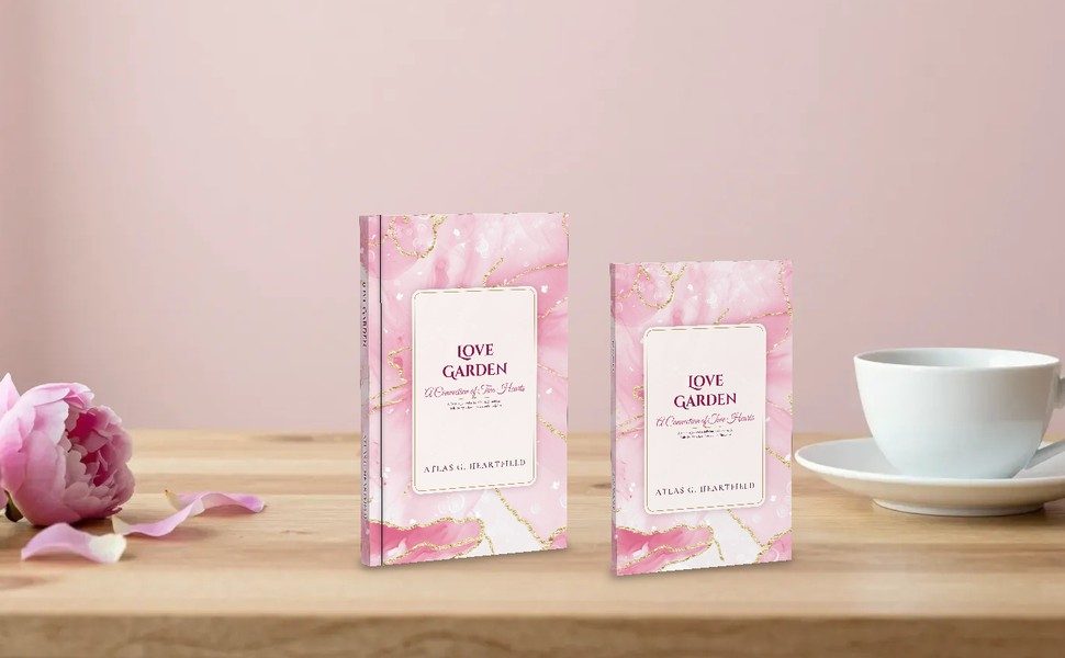 Love Garden hardcover and paperback, pink marble covers with a cream title card