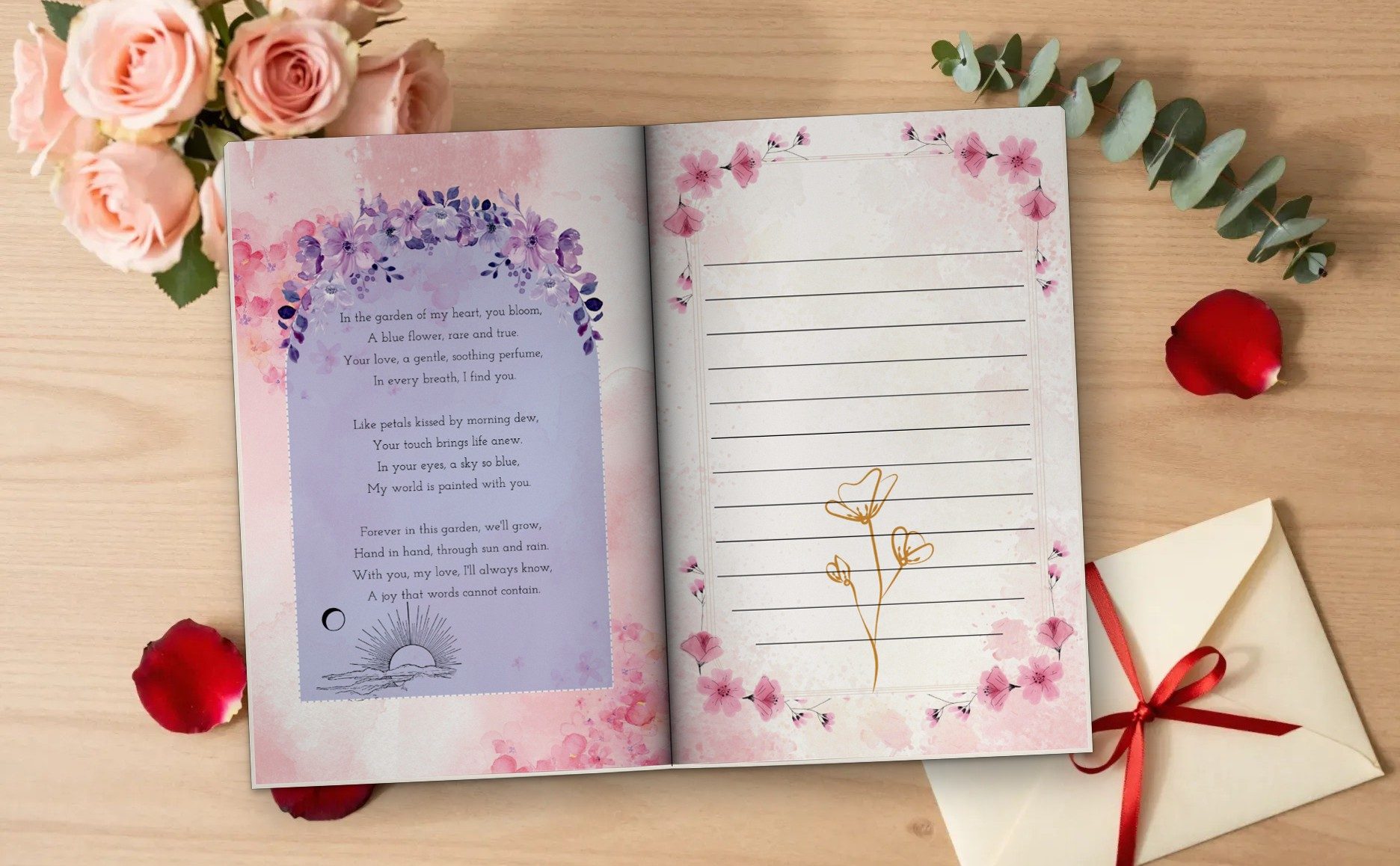 Love Garden open to a poem and a lined letter page